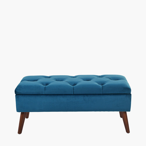 Blue velvet buttoned storage stool set on stylish mid century legs.  W: 90 cm H: 40 cm D: 40 cm