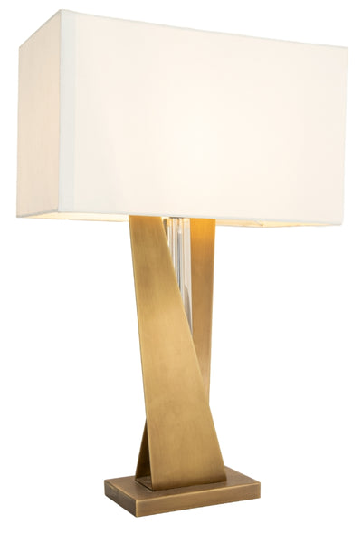 .Gorgeous cognac crystal lamp with a double twist of soft gold metal around the stem and simple rectangular shade, An  absolutely stunning mix of elements add up to create this statement lamp.