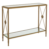 Classic empire style console table with antique brass metal legs and accents and 2 glass shelves.  W: 102 cm D: 33 cm H: 79 cm