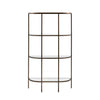 A Beautiful 3 tier shelf display unit with an elegant curved shape. The 3 glass shelf inserts and a mirror glass bottom shelf sit in a vintage bronze metal frame. 