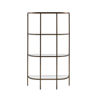 A Beautiful 3 tier shelf display unit with an elegant curved shape. The 3 glass shelf inserts and a mirror glass bottom shelf sit in a vintage bronze metal frame. 