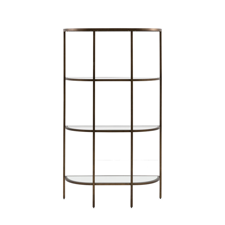 A Beautiful 3 tier shelf display unit with an elegant curved shape. The 3 glass shelf inserts and a mirror glass bottom shelf sit in a vintage bronze metal frame. 