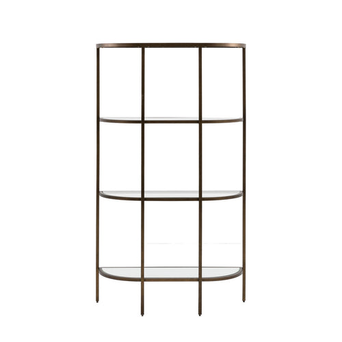 A Beautiful 3 tier shelf display unit with an elegant curved shape. The 3 glass shelf inserts and a mirror glass bottom shelf sit in a vintage bronze metal frame. 