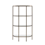 A Beautiful 3 tier shelf display unit with an elegant curved shape. The 3 glass shelf inserts and a mirror glass bottom shelf sit in a vintage bronze metal frame. 