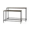Sleek and sophisticated, this set of bronze-topped console tables pairs a warm metallic finish with minimalist black steel frames for a refined industrial look. The nesting design offers flexible styling — use together for layered depth or separately across your home. Perfect for entryways, living rooms, or modern interiors, these tables bring timeless elegance and functional versatility to any space