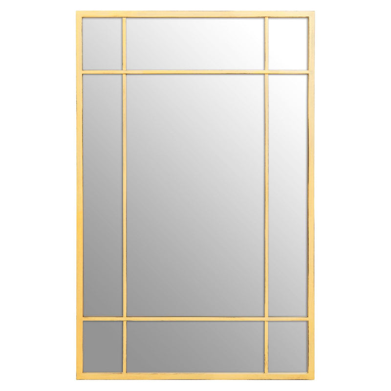 Brushed gilt metal framed panelled mirror. A gold window mirror to add light and perspective to any room.