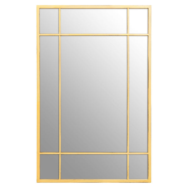 Brushed gilt metal framed panelled mirror. A gold window mirror to add light and perspective to any room.