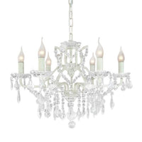 Brushed white metal 6 arm crystal chandelier, the shallow form is perfect for low ceilings.