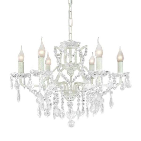 Brushed white metal 6 arm crystal chandelier, the shallow form is perfect for low ceilings.
