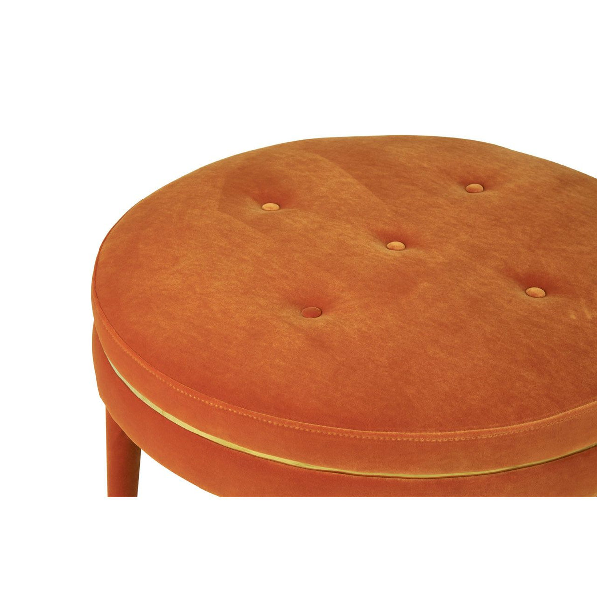 Buttoned burnished orange velvet footstool with mid century style legs, an immediate statement pop of colour.