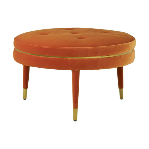 Buttoned burnished orange velvet footstool with mid century style legs, an immediate statement pop of colour.