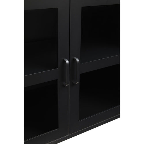 Long, low industrial metal cabinet in a dark grey cold, rolled steel. A sleek contemporary, metal look.