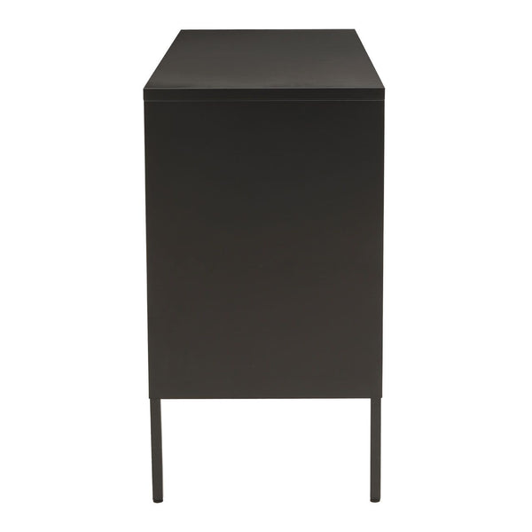 Long, low industrial metal cabinet in a dark grey cold, rolled steel. A sleek contemporary, metal look.