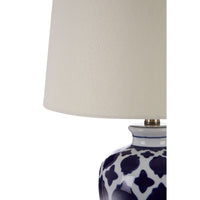 Table lamp in classic blue and white ceramic with a white shade.