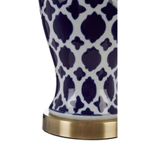 Table lamp in classic blue and white ceramic with a white shade.