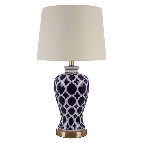 Table lamp in classic blue and white ceramic with a white shade.