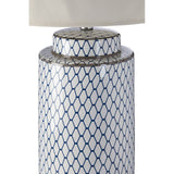 A totally classic blue and white ceramic lamp base and linen shade.