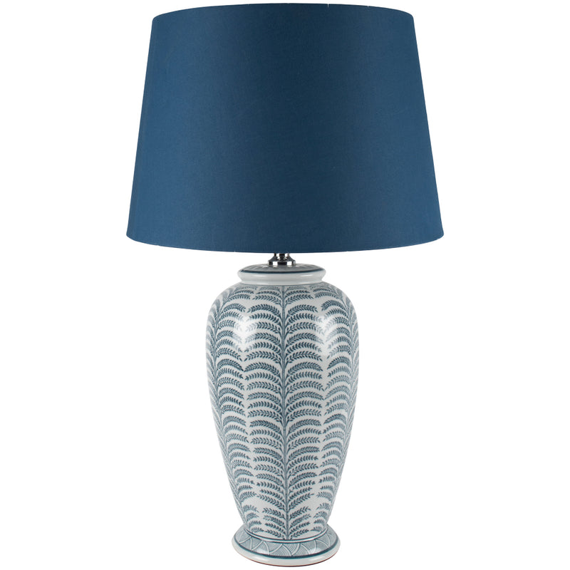  Tall, elegant ceramic lamp with a distinctive large blue lampshade. 