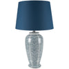  Tall, elegant ceramic lamp with a distinctive large blue lampshade. 