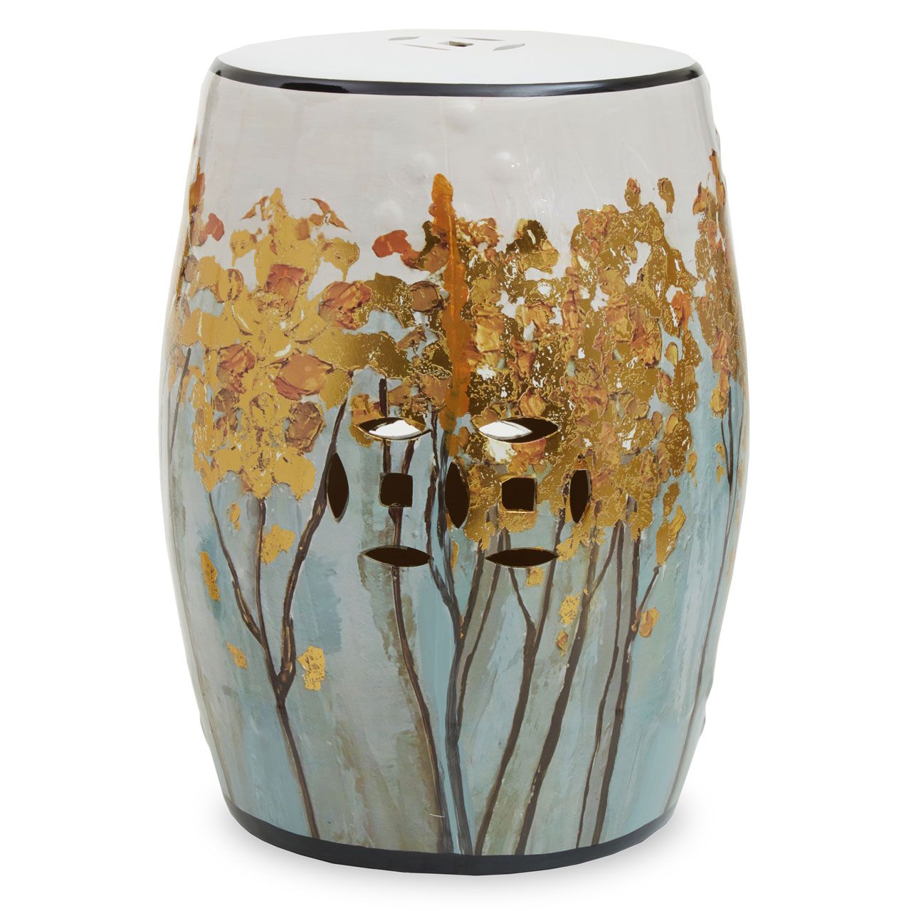 Ceramic stools are an interesting way to add extra seating indoors or out, great in a conservatory or on a patio to add colour to your area. This particular one has a vibrant colouring with stunning gold floral decoration.