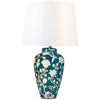 Tall, floral, green and white ceramic lamp in the classic shape with white shade, a great country house feel in a city environment.  H: 71 cm W: 43 cm