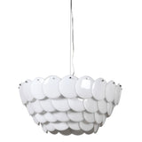 A great designer look to this white disc pendant, a real statement wherever placed. Exceptionally unusual make up in this very contemporary chandelier pendant with nickel fittings.