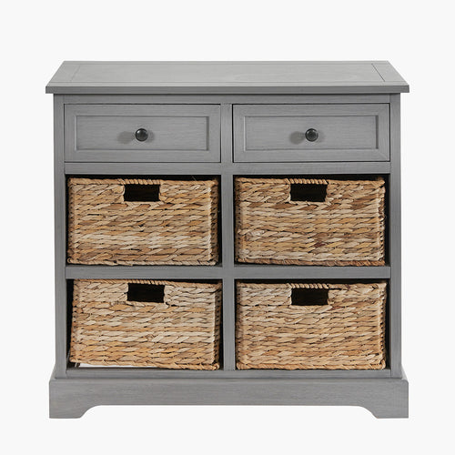 French grey wooden chest of drawers.  Two upper drawers in wood and four basket drawers making up the body of the chest.  W: 76 cm H: 70 cm D: 33 cm