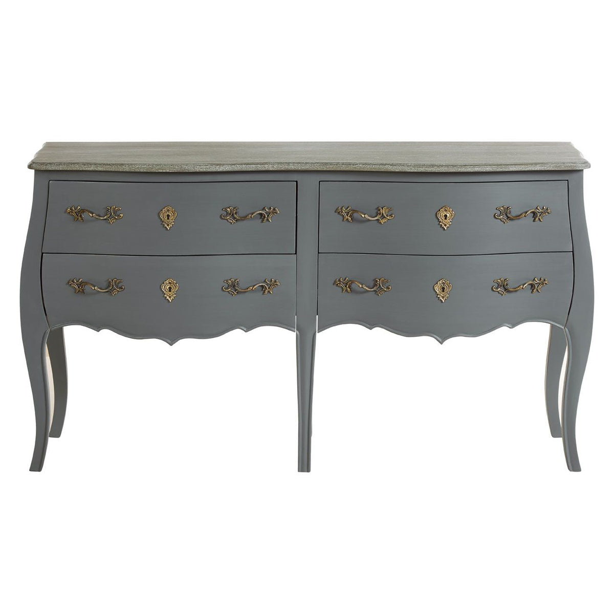 Stunning double 'Louis' style chest in a distressed 'country house' grey painted finish, with period styled handles. Exceptional size and stunning features make this piece an exceptional statement for your bedroom or dressing room. Four large drawers with ornate baroque handles giving this chest a real&nbsp; vintage feel.
