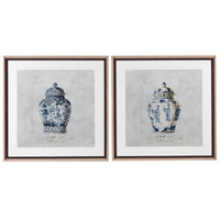 Set of 2 pale wood framed, blue and white Chinese Ginger Jar prints, great high-end finish on this particular pair of prints.