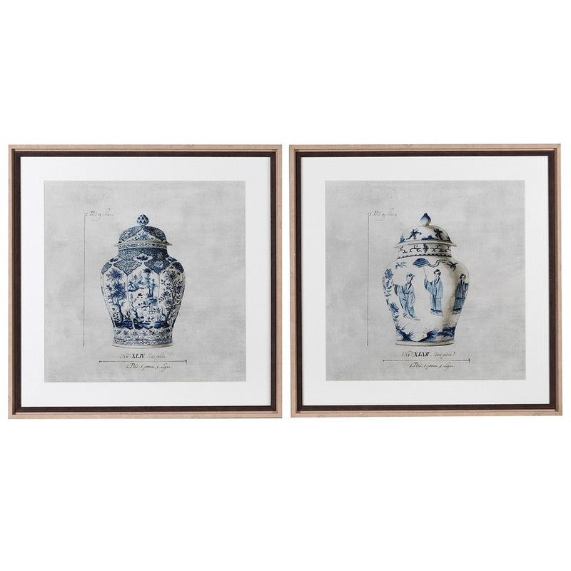 Set of 2 pale wood framed, blue and white Chinese Ginger Jar prints, great high-end finish on this particular pair of prints.