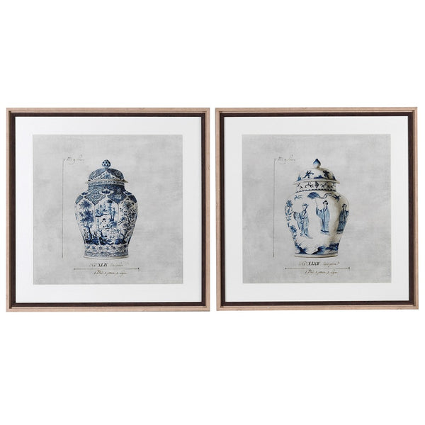 Set of 2 pale wood framed, blue and white Chinese Ginger Jar prints, great high-end finish on this particular pair of prints.