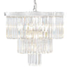 Three tier cascade crystal prism chandelier on a chrome metal frame.