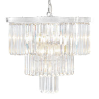 Three tier cascade crystal prism chandelier on a chrome metal frame.