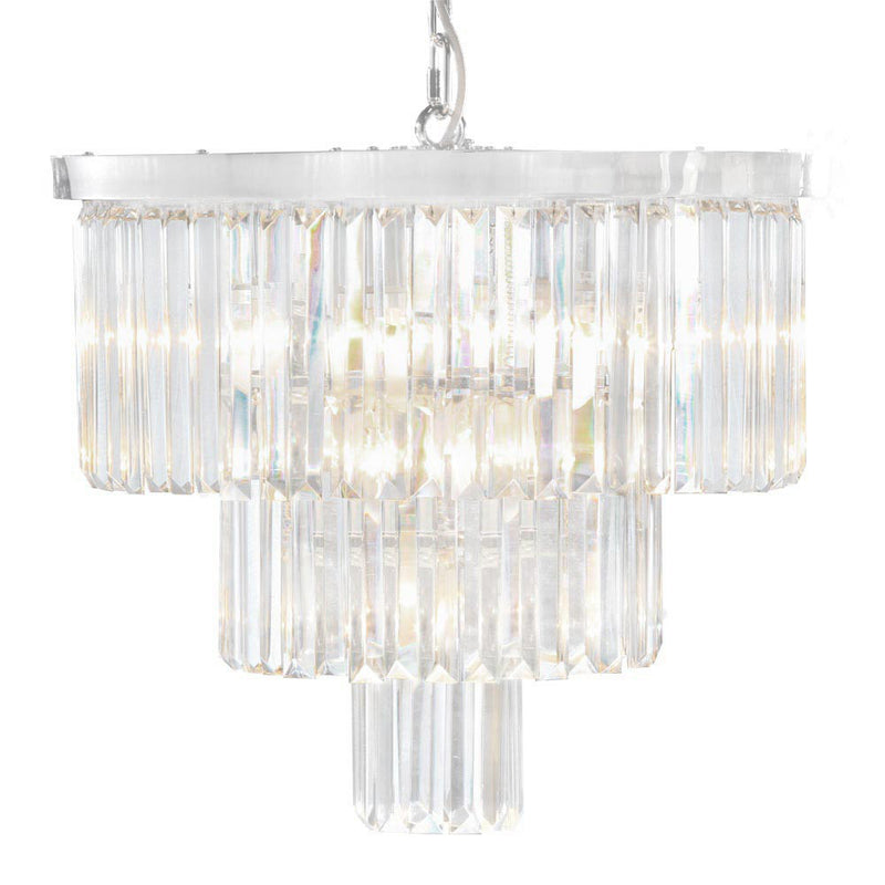 Three tier cascade crystal prism chandelier on a chrome metal frame.