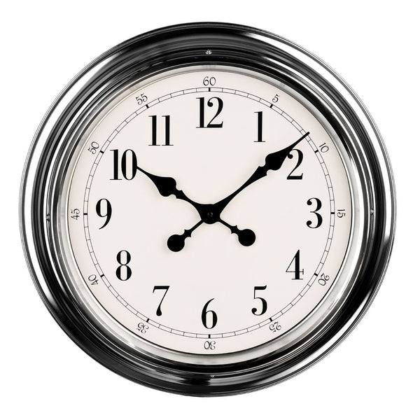 A traditional wall clock with a chrome metal frame.