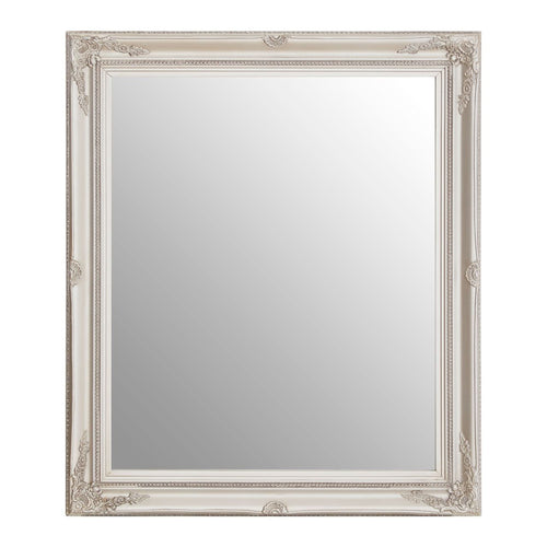 Champagne silver coloured framed mirror in a  baroque style.