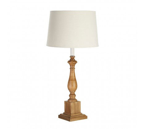 Classic tall wooden column lamp with white linen shade