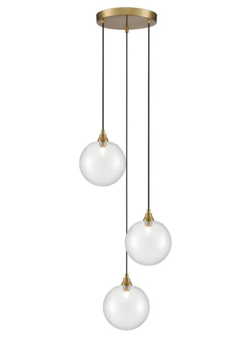 Three clear globe cluster pendant light with matt gold metalware.  The height is adjustable, perfect over a dining table and a great  stairwell light.