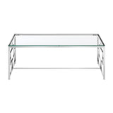 Glass topped coffee table with highly polished nickel base in a geometric design. 