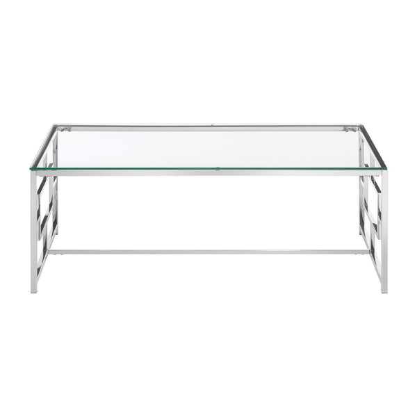 Glass topped coffee table with highly polished nickel base in a geometric design. 