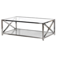 Large chrome plated and glass coffee table with solid metal cross ends, a substantial item of furniture, a statement in any room.