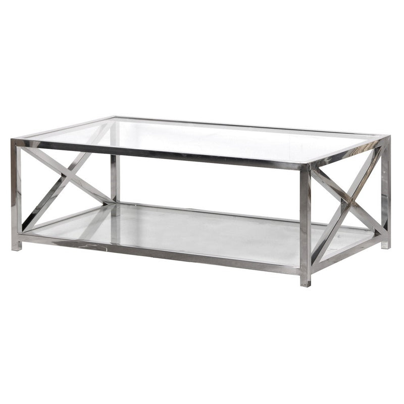 Large chrome plated and glass coffee table with solid metal cross ends, a substantial item of furniture, a statement in any room.