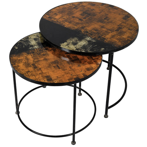 Round coffee table with pattern glass top and iron metal legs.