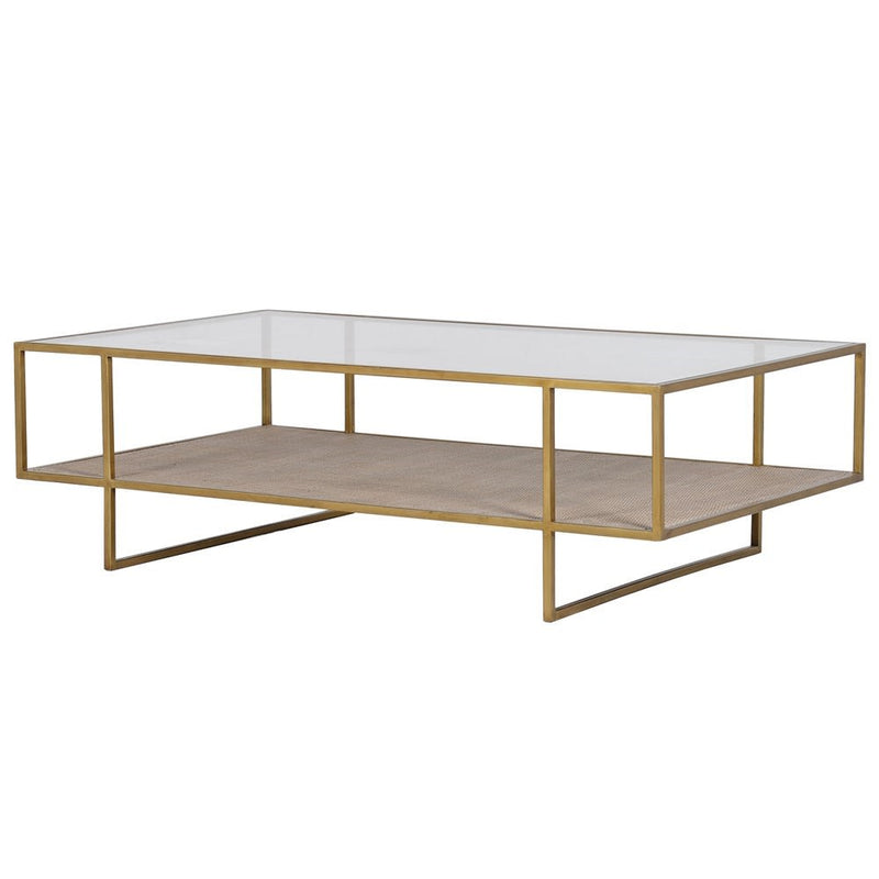 A good size large coffee table finished in a brushed gold iron legs with a glass top and useful shelf space.  