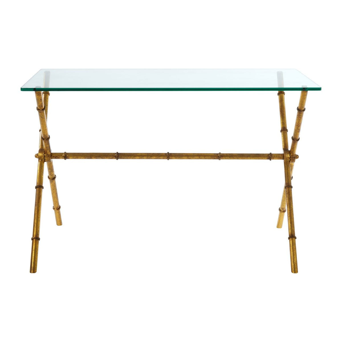 Gilt Bamboo Style Metal & Glass Console Table