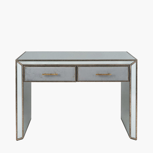 Aged glass console table or dressing table with gilt trim and velvet covered drawers.  W: 110 cm D: 50 cm H: 75 cm  Weight: 38.7 Kg