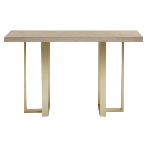 A real statement console table, the mixture of the luxurious pale oak against the contemporary design of the brushed gilt metal legs - a stunner !!  H: 80 cm W: 130 cm D: 46 cm