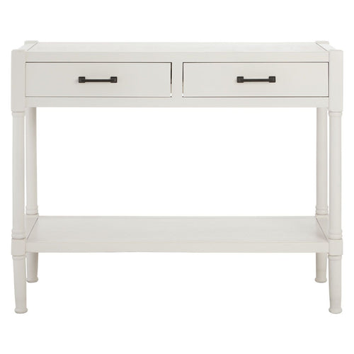 Simple, Shaker style white painted 2 drawer console with metal handles and really useful lower shelf.