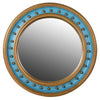 This is a striking blue and gold convex mirror designed in a bold, decorative style. The frame is circular and finished in a rich gilt gold, with a prominent inner band in a vivid turquoise blue. Around the blue section, evenly spaced gilded ball ornaments add depth and texture, giving the piece a distinctive and playful yet elegant character.