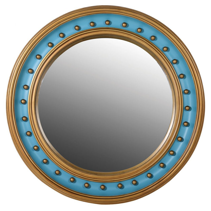 This is a striking blue and gold convex mirror designed in a bold, decorative style. The frame is circular and finished in a rich gilt gold, with a prominent inner band in a vivid turquoise blue. Around the blue section, evenly spaced gilded ball ornaments add depth and texture, giving the piece a distinctive and playful yet elegant character.